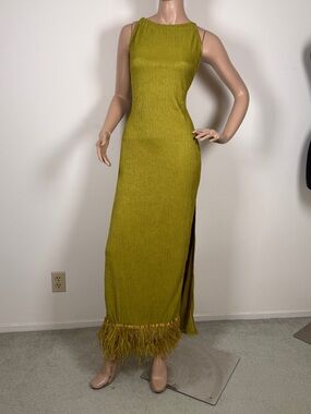 Olive green Feather-Hem Sleeveless halter Maxi Dress